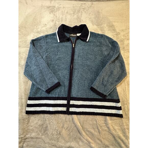 Sag Harbor Woman 3X Blue Zip Sweater Jacket Striped Hem & Collar Plus Size , - Picture 1 of 6